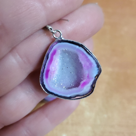 New Geode Half Cut Druzy Crystals Silver Earrings. - Picture 4 of 8